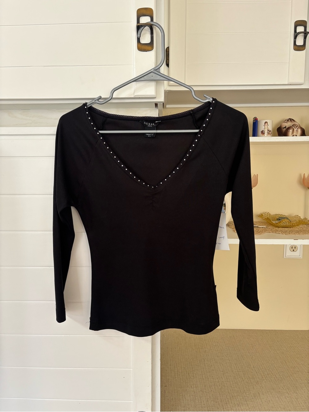 Vintage Black Long Sleeve V-Neck Top